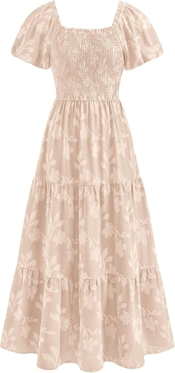 PRETTYGARDEN Women's 2026 Summer Boho Maxi Dresses Floral Short Sleeve Square Neck Smocked Flowy ... | Amazon (US)