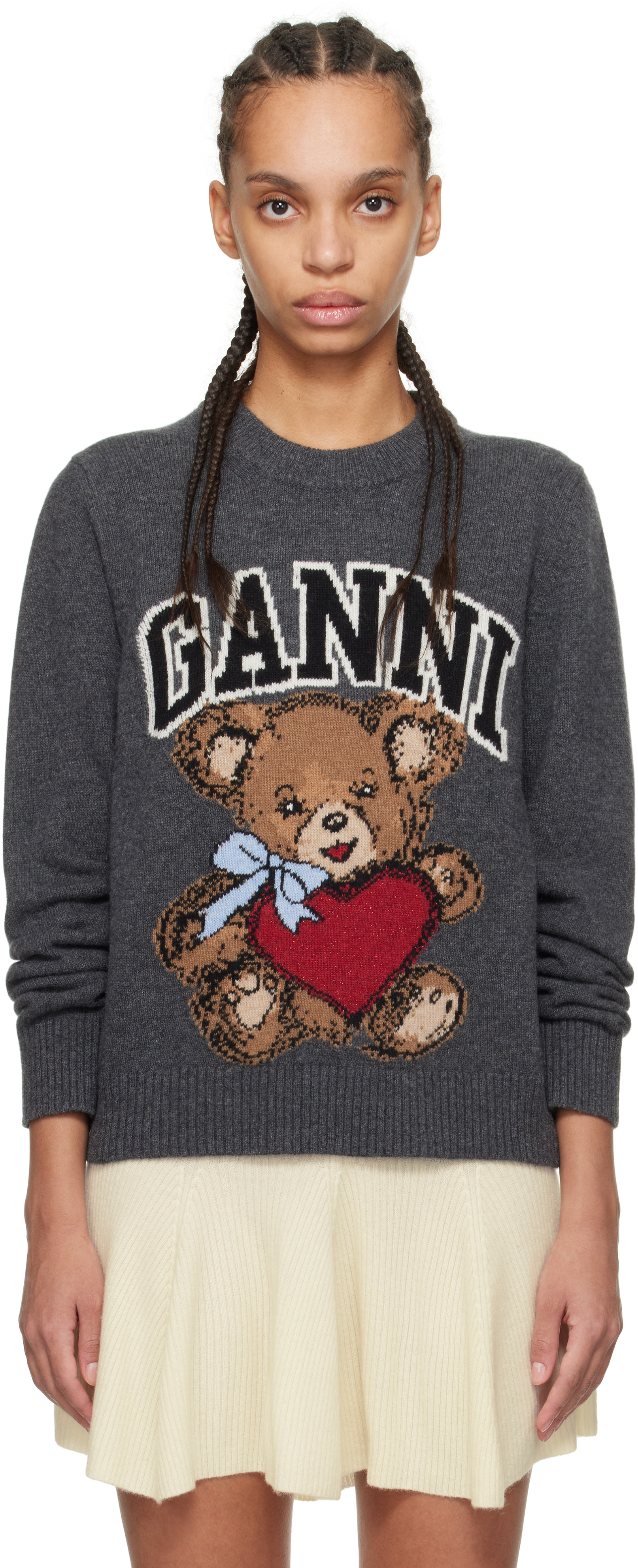 GANNI Gray Graphic Bear Sweater | SSENSE