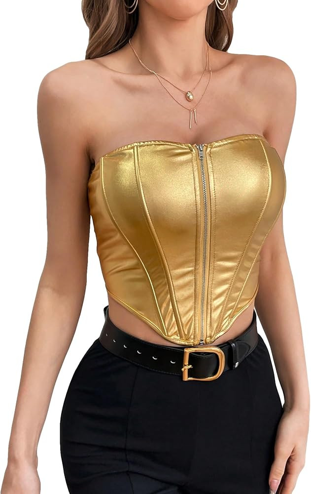 WDIRARA Women's Metallic Zip Front Asymmetrical Hem Strapless Sleeveless Crop Tube Top | Amazon (US)