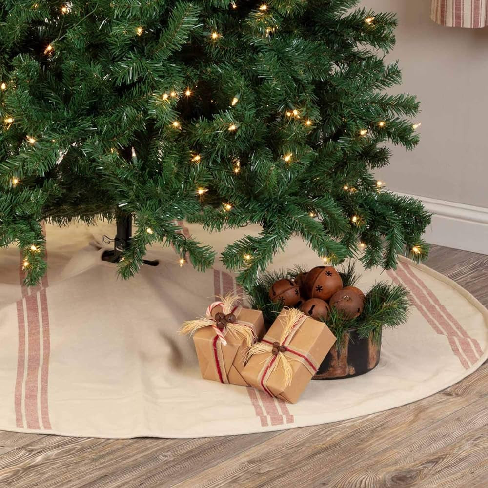 Sleigh Bells Ring Grain Sack Stripe Tree Skirt, 60" Round, Farmhouse Christmas Red & Cream w/ Bel... | Amazon (US)