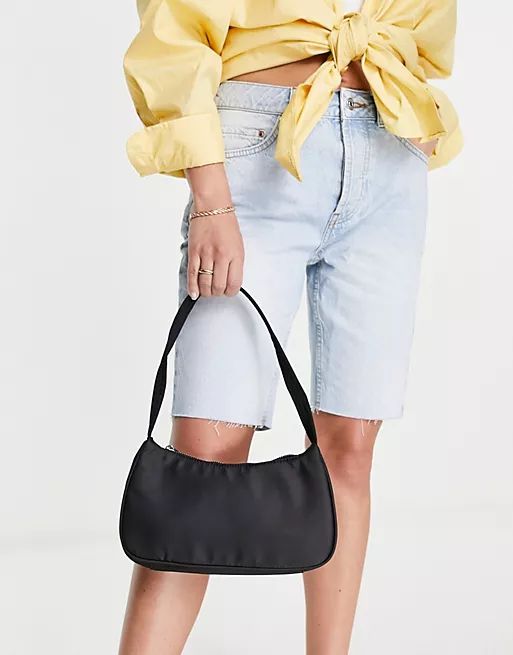 ASOS DESIGN 90s curved shoulder bag in recycled nylon in black | ASOS (Global)