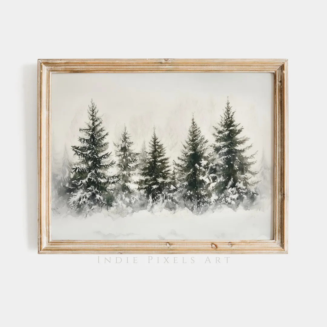 Winter Wall Art Printable Winter Pine Forest Christmas Trees Painting Digital Art Rustic Winter L... | Etsy (US)