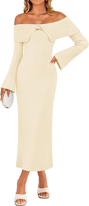ZESICA Women's Fall Off Shoulder Sweater Dress 2025 Bell Long Sleeve Ribbed Knit Bodycon Formal M... | Amazon (US)