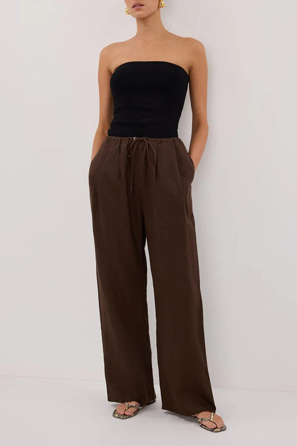 CARLA BITTER CHOC DRAWSTRING LINEN PANT | DISSH