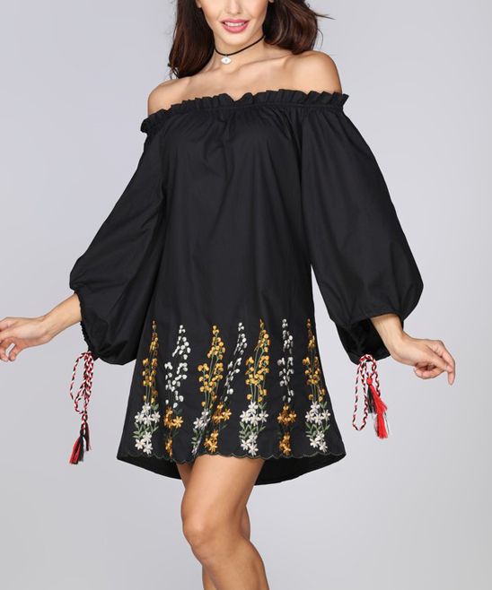 Simply Boho LA Women's Casual Dresses black - Black Floral-Embroidered Tassel-Sleeve Off-Shoulder Dr | Zulily