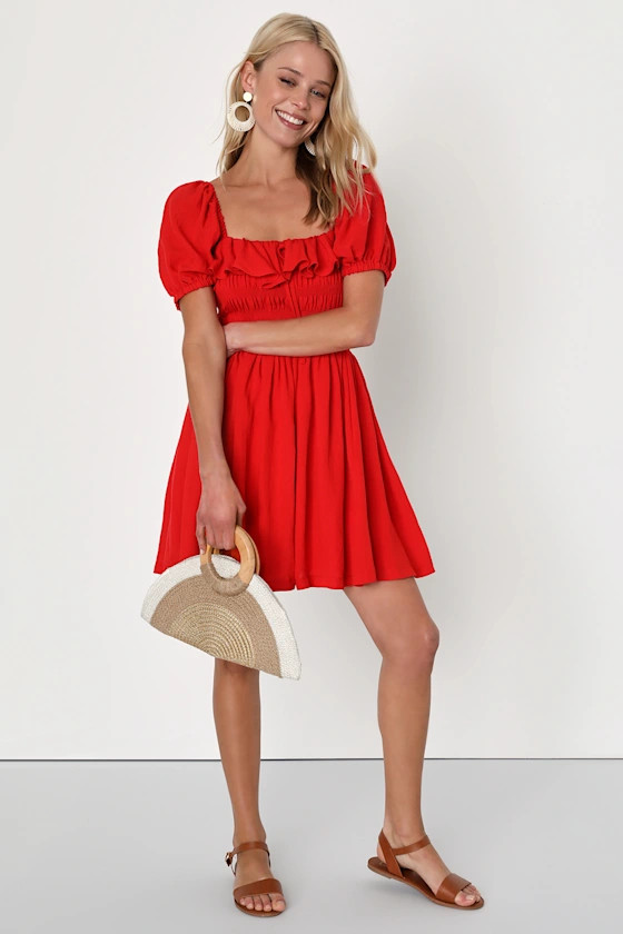 Daytime Delight Red Smocked Puff Sleeve Mini Dress | Lulus