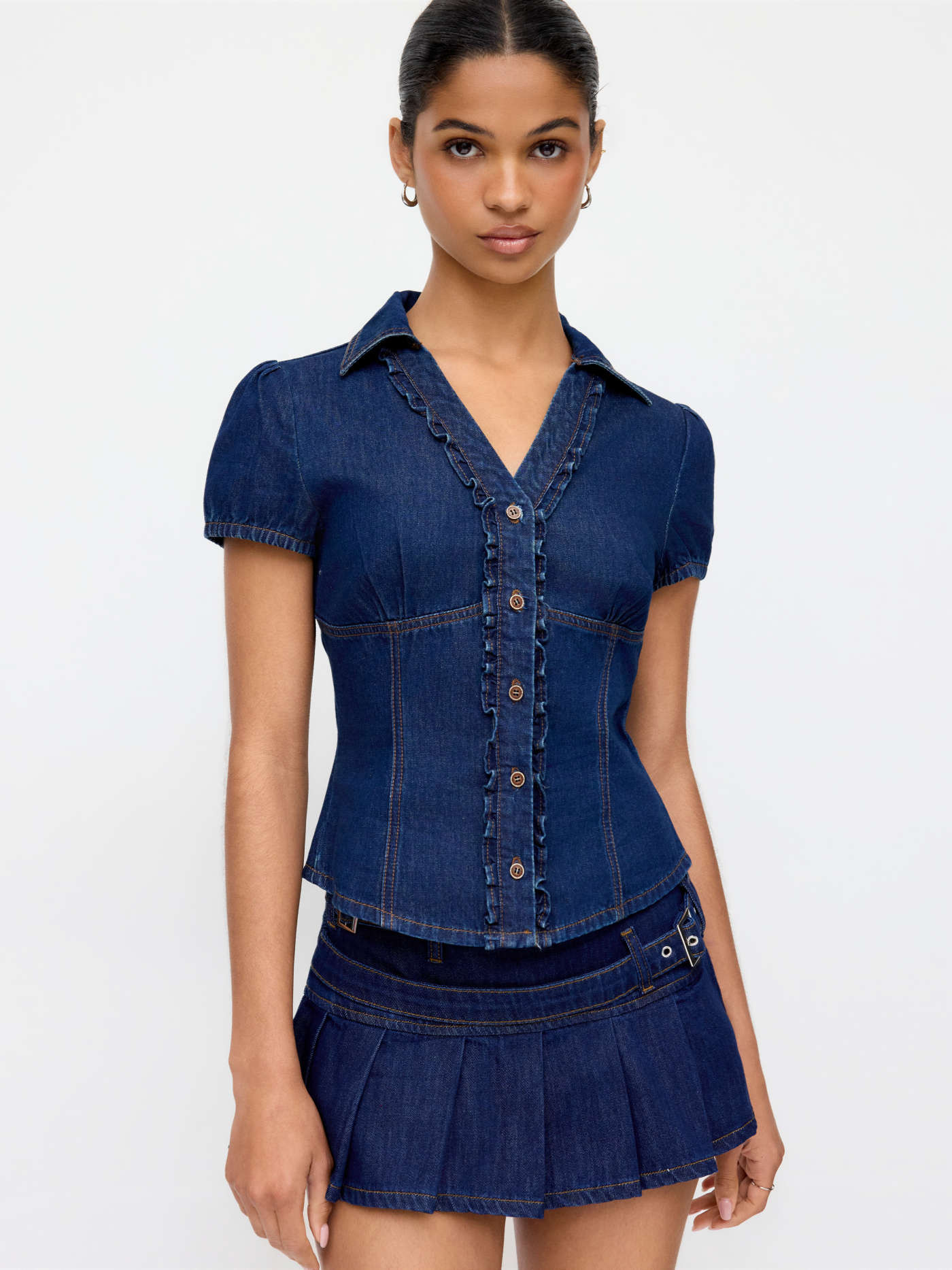 Denim Ruched Front Metal Button Short Sleeve Blouse $37.90Flash Shipping | Cider