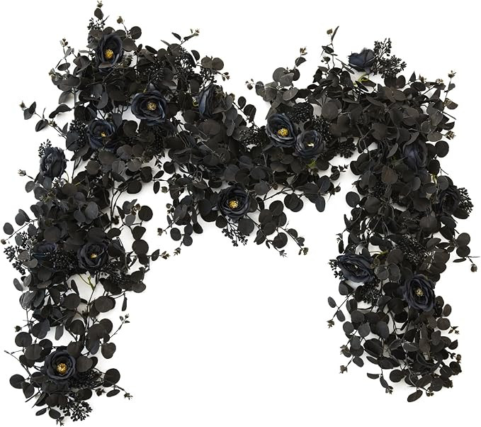 6.56ft Halloween Decorations Black Garland with Flowers 8 Black Roses, Floral Garland Greenery fo... | Amazon (US)