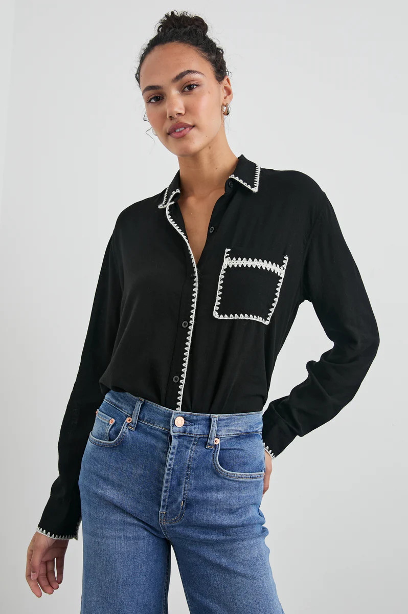 CHARLI SHIRT - BLACK BLANKET STITCH | Rails