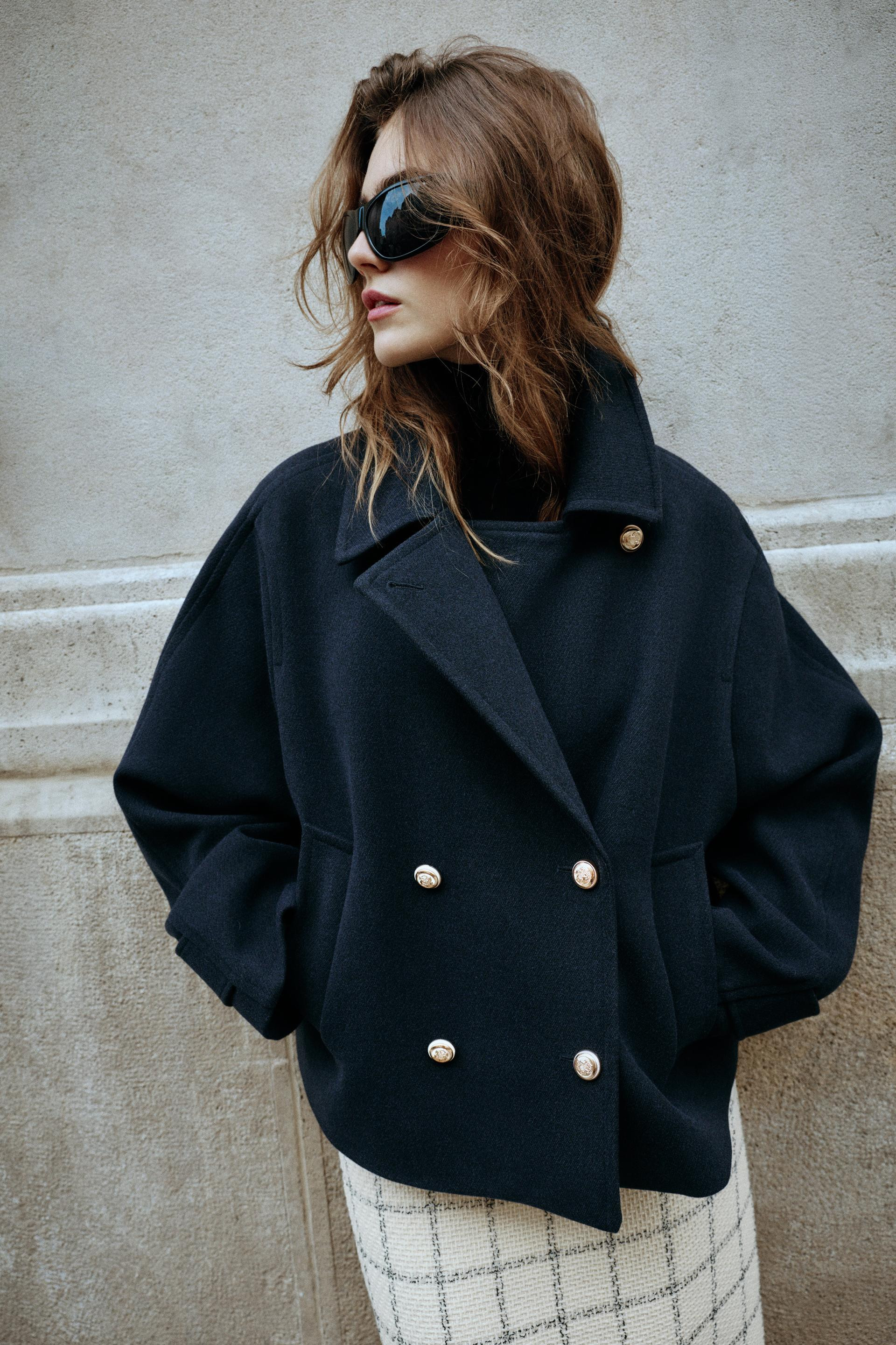 Zara - Short Double-Breasted Coat - Navy Blue - M - Woman | Zara US