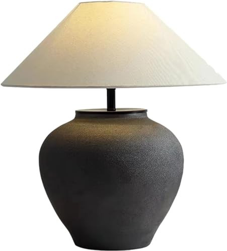 YUJUNDZSW Rustic Black Table Lamp, Farmhouse Handmade Ceramic Table Lamp, Modern 20.86''Tall Table Lamp with Off White Drum Shade for Living Room Bedroom Bedside Nightstand | Amazon (US)