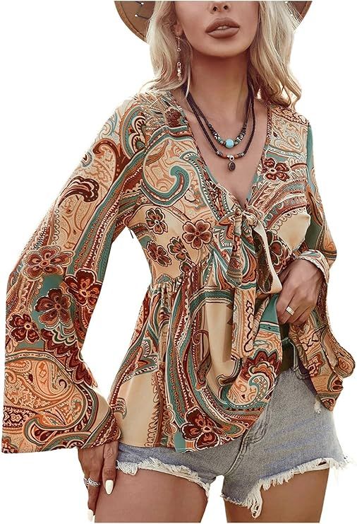 WDIRARA Women's Boho Paisley Print Top V Neck Tie Front Ruffle Hem Blouse Bell Long Sleeve Shirts | Amazon (US)