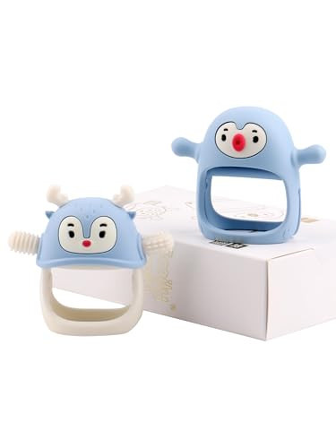 Smily Mia 2 Packs Baby Teething Toy for 0-6 6-12 Months, Food Grade Silicone Teething Mitten, Anti Dropping Wrist Hand Teethers Baby Chew Toys for Sucking&Chewing, BPA Free, Light Blue | Amazon (US)