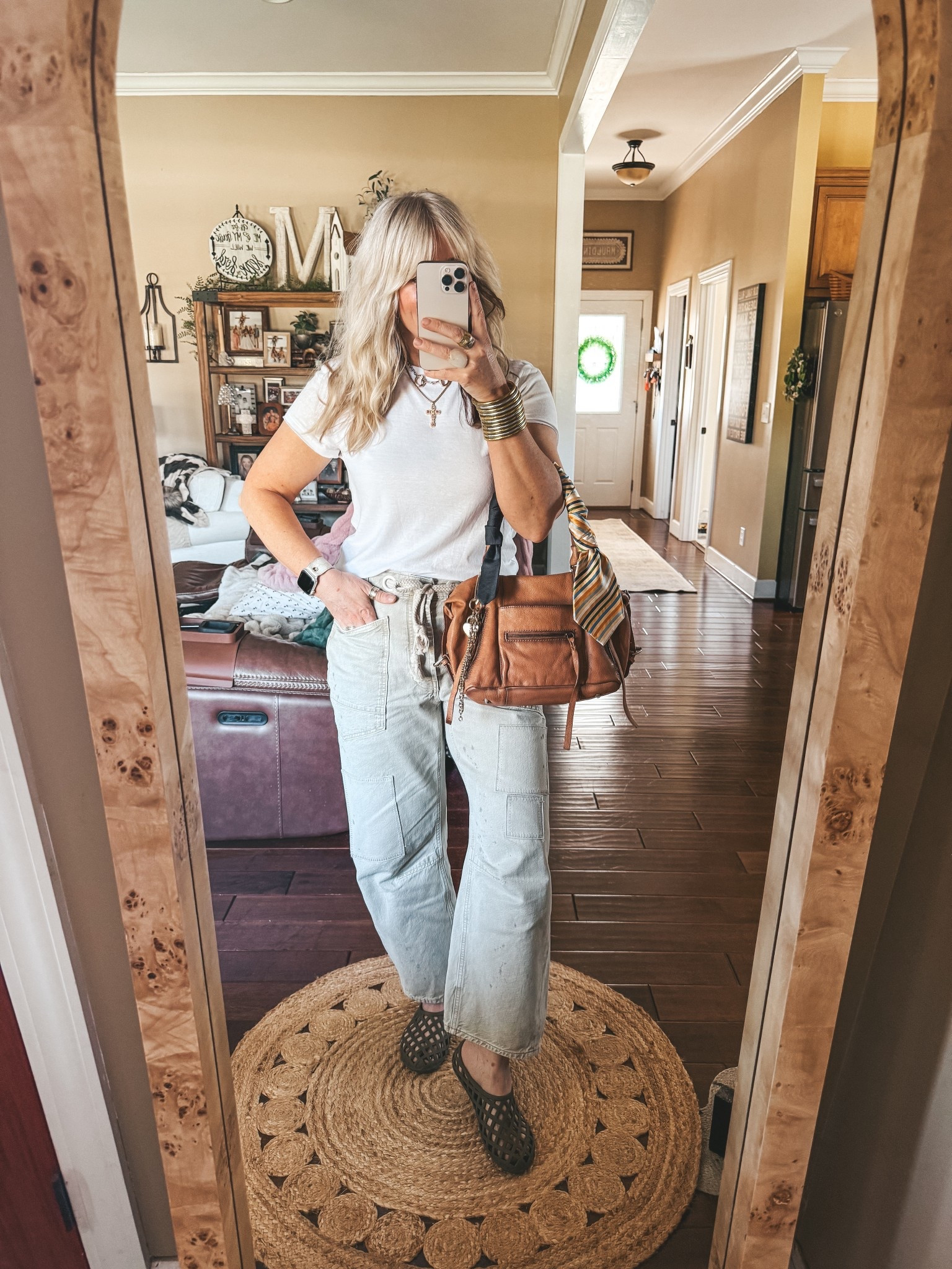 My fit ✨ a basic white tee but elevated with accessories! 
Save with code MANDIE @kcchicdesigns 
My jeans sized down one
Tee M
Jelly shoes true to size 


#LTKootd #LTKOver40 #LTKgrwm