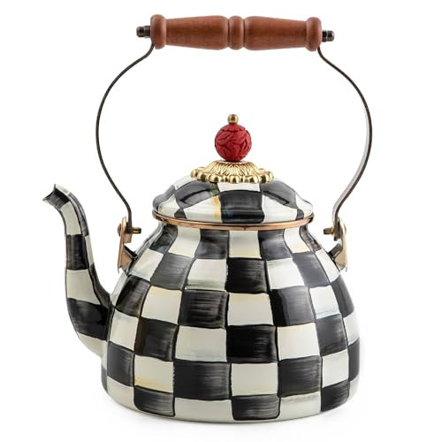 MACKENZIE-CHILDS Enamel Tea Kettle, Stylish Tea Kettle for Stovetop, Black-and-White Courtly Check, 2 Quarts | Amazon (US)