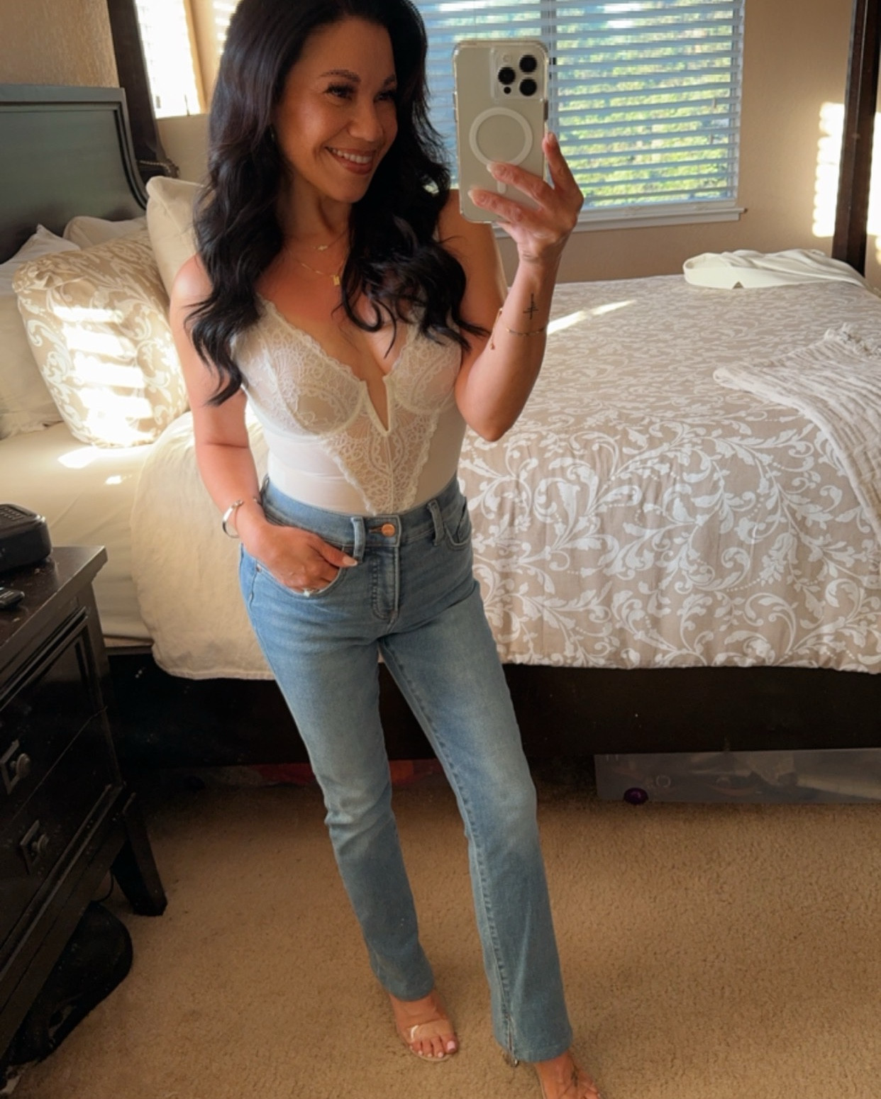 The most perfect sexy, gorgeous, shape wear summer body suit! I’m in a small, it’s TTS, I’m 4’10 and 100lbs for reference. The blazer is also perfection and I’m in an XS. Keep in mind if you are petite like me it’s a little long but fits so well! 