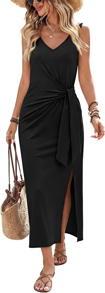 OFEEFAN Summer Dresses for Women 2026 V Neck Sleeveless Casual Dress Elegant Work Long Midi Dress... | Amazon (US)