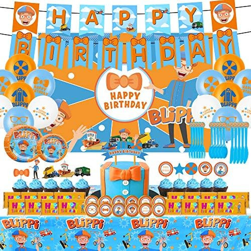Blippi Party Supplies for Kids,132pcs Birthday Decorations,Blippi Photography Background Set  i... | Amazon (US)