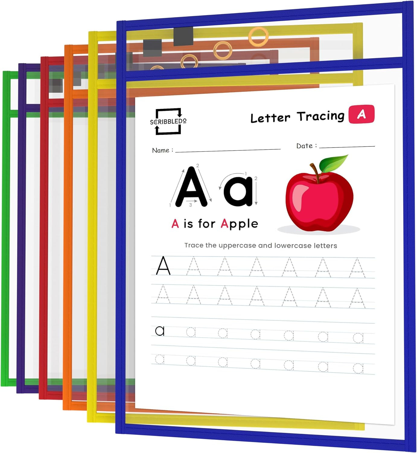 Scribbledo Dry Erase Pockets, 6 Pack Reusable Dry Erase Sleeves with Marker Holder, Colorful Dry ... | Amazon (US)