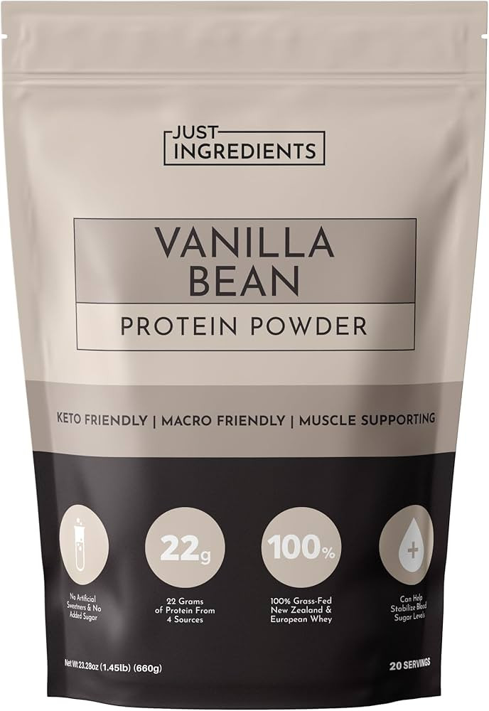 JUST INGREDIENTS Vanilla Bean Protein Powder – 20-Serving Blend with 100% Grass-Fed Whey & Orga... | Amazon (US)