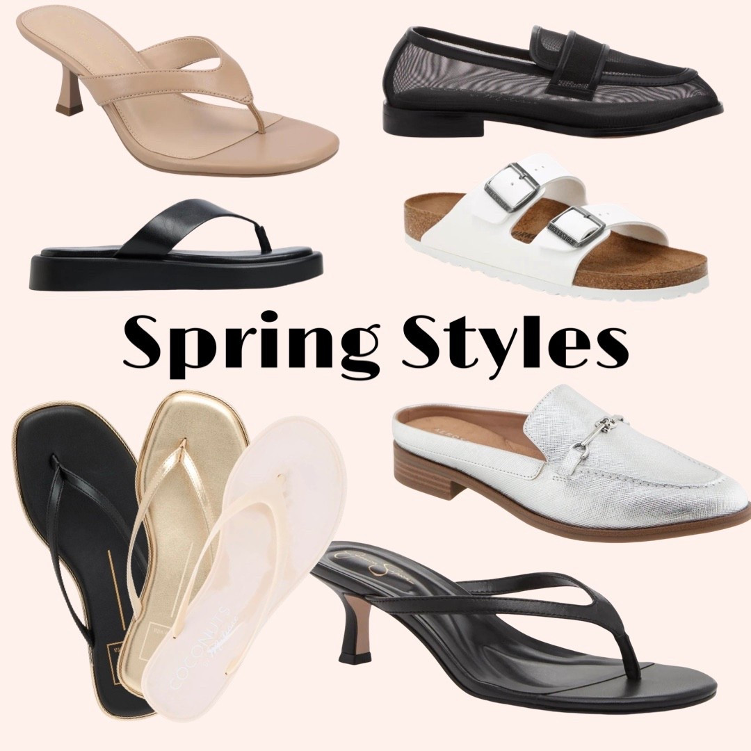 Spring styles at dsw! 
Kitten heel thong sandals 
Elevated square toed flip flops 
Jelly flip flops 
Mesh loafer (so cool!) 
Silver slide on mule 
White Birkenstock 
Platform leather flip flop 

#LTKSeasonal #LTKWorkwear #LTKSaleAlert