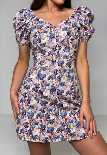 Blue Floral Print Puff Sleeve Skater Dress | Missguided (US & CA)