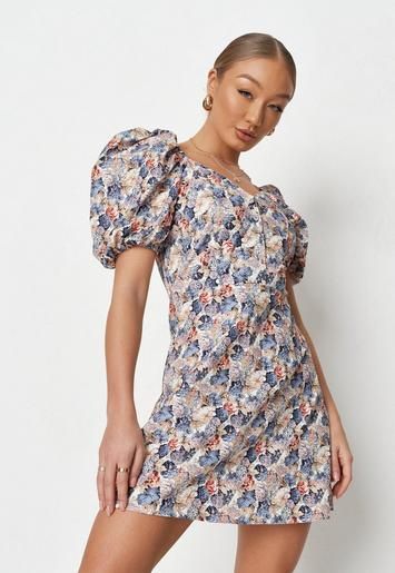 Blue Floral Print Puff Sleeve Skater Dress | Missguided (US & CA)