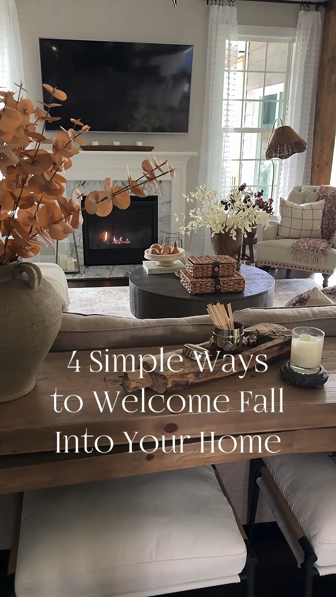 4 Simple Ways to Welcome Fall Into Your Home🤎🍂
I added natural elements, layered accents, cozy textiles and warm-toned stems.

Gourds, vintage inspired pumpkin candle snuffer, fall pillow covers, pillow inserts, plum stemmed garland, console table, black candle pedestal, vase, fall stems, pedestal bowl, brass canister, black matches, vintage wood tray, upholstered chair, floor lamp with woven shade, burgundy floral throw blanket, woven storage boxes, eucalyptus stems

#LTKSeasonal #LTKHome #LTKstorytime