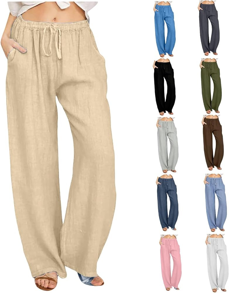APIVOE Womens Linen Pants Summer Casual Wide Leg Pants Cotton High Waisted Palazzo Pants Plus Siz... | Amazon (US)