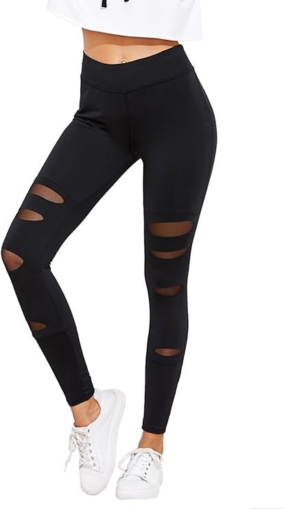 SweatyRocks Women's Legging Mesh Insert Ripped Tights Yoga Slim Pants | Amazon (US)