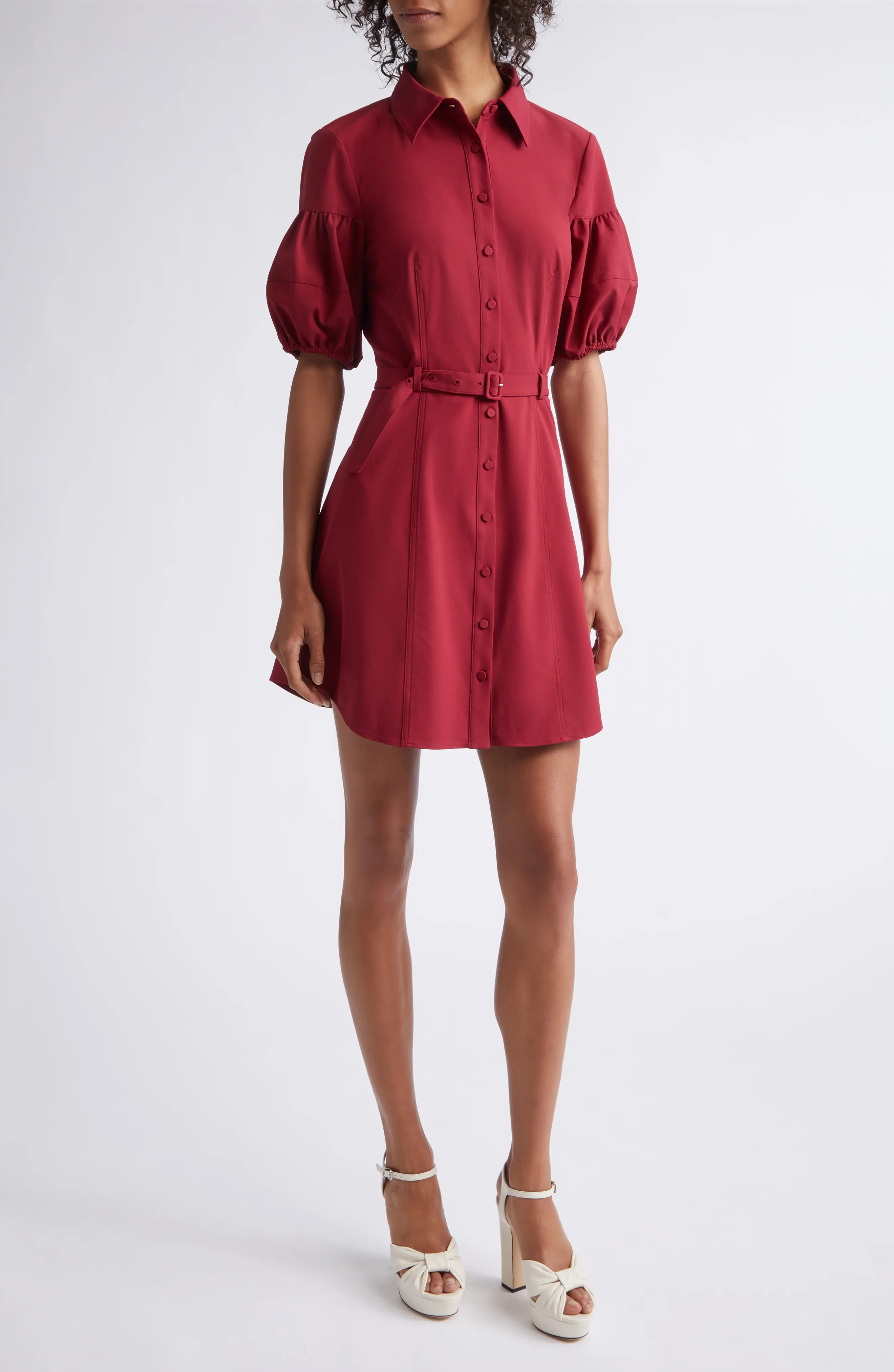 Cinq à Sept Norel Puff Sleeve Shirtdress in Berrywine at Nordstrom, Size 14 | Nordstrom
