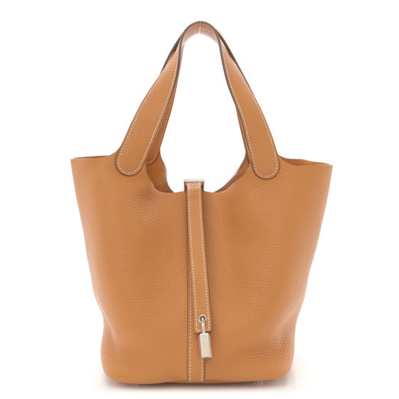 Taurillon Clemence Picotin Lock 18 PM Natural Sable | FASHIONPHILE (US)