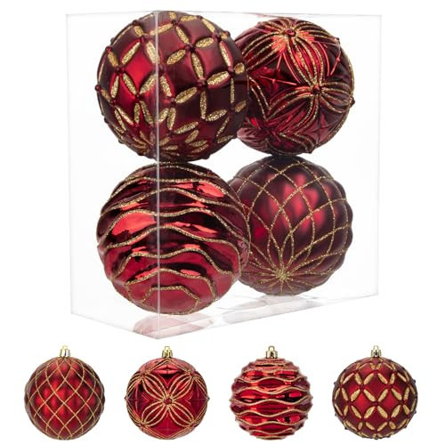 4" Large Christmas Balls Ornaments Shatterproof Big Red Xmas Ornaments Balls for Xmas Tree 4 Pcs Red Christmas Tree Ornament for Halloween Holiday Wedding Party Decoration | Amazon (US)