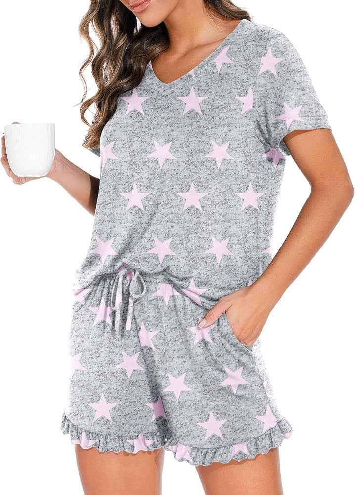 PrinStory 2 Piece Womens Pajamas Set Lounge Sleepwear Ladies Soft Pjs Set Shorts with Pockets | Amazon (US)