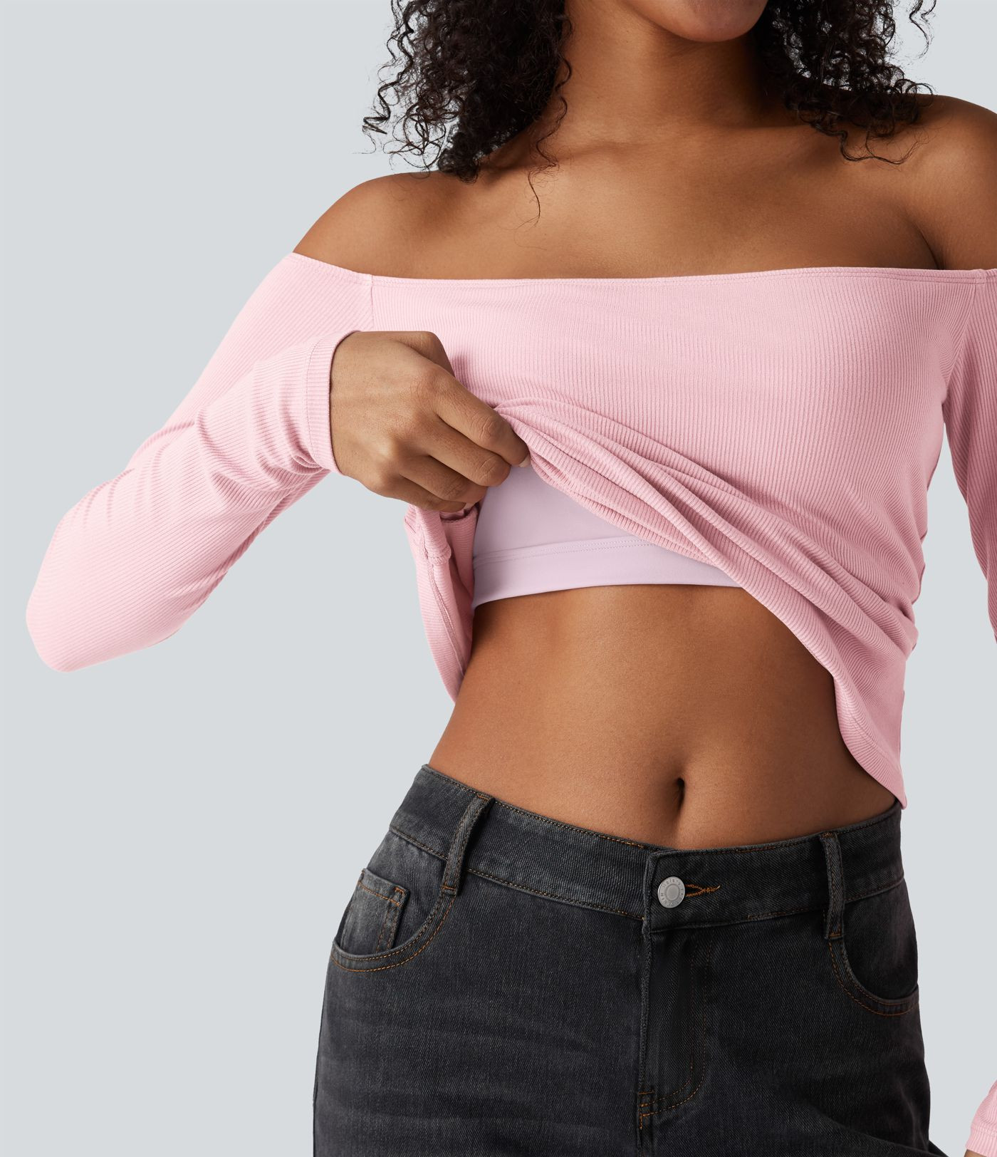 Women’s Ribbed Knit Off Shoulder Long Sleeve 2-in-1 Casual Top - Halara | HALARA