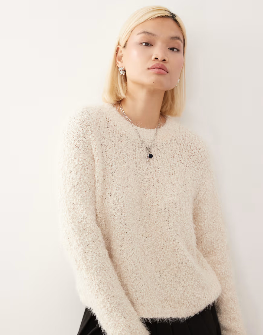 Noisy May crew neck fluffy knit sweater in cream-White | ASOS (Global)