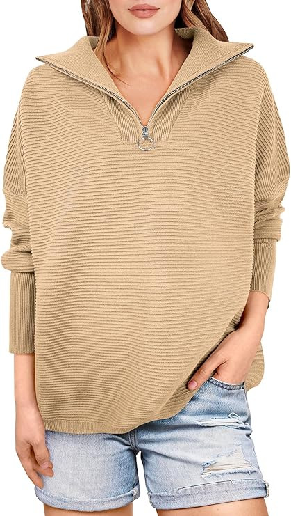 ANRABESS Women Quarter Zip Oversized Casual Loose Rib Knit Cozy Pullover Sweaters Top 2024 Fall F... | Amazon (US)