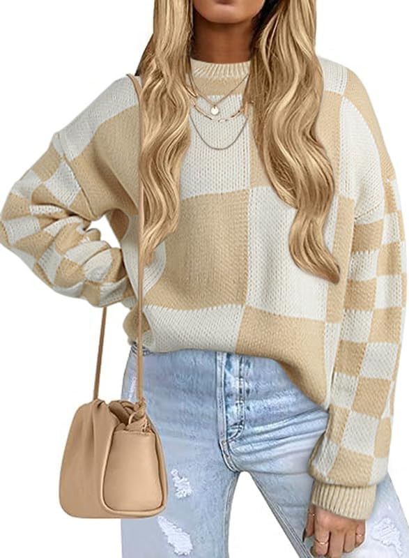 EVALESS Womens Sweaters Fall Fashion Cable Knit Checkered Oversized Sweater Tops | Amazon (US)