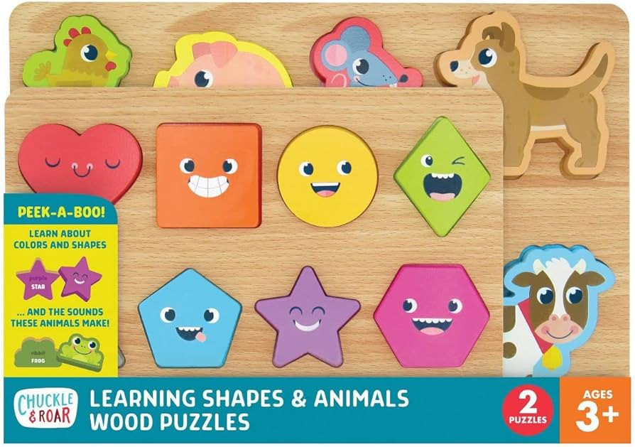 Chuckle & Roar - 2 Pack Shapes and Animals Wooden Puzzles - Fun and Educational Wooden Puzzle for... | Amazon (US)