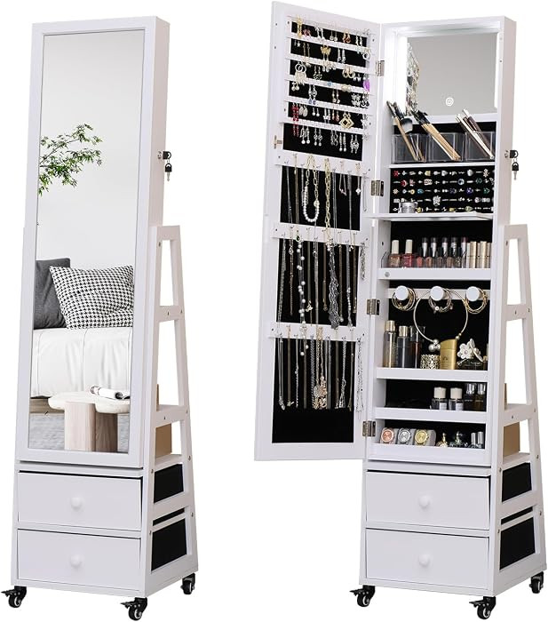 Jewelry Cabinet Standing Mirror with Drawers Wheels Full Length Mirror Jewelry Storage with Touch... | Amazon (US)