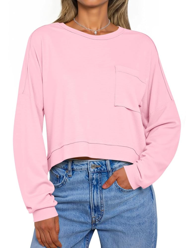 Tankaneo Womens Cropped Long Sleeve Shirts Trendy Casual Boxy Fall Tops Loose Fit Crew Neck Tees | Amazon (US)