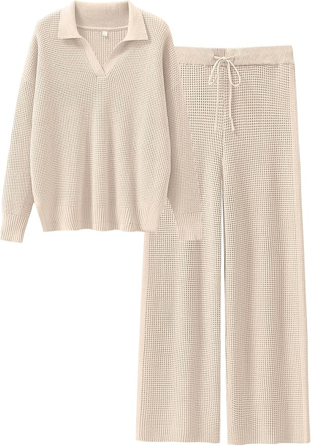 ANRABESS Women Two Piece Outfits Sweater Sets Lounge Waffle Knit Pullover Matching Wide Leg Pants... | Amazon (US)