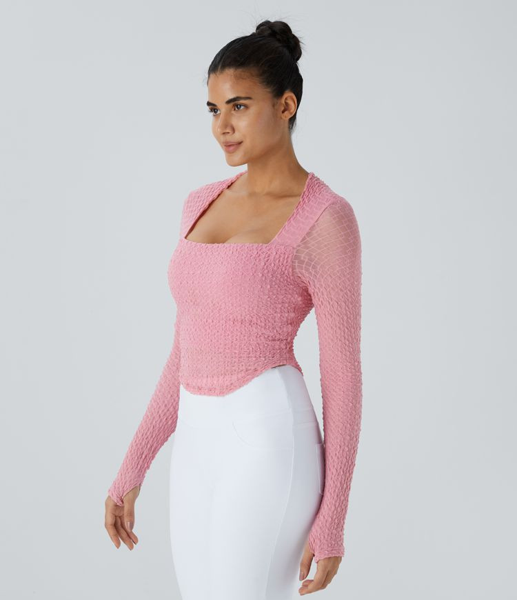 Women’s Square Neck Long Sleeve Thumb Hole Curved Hem Contrast Mesh Solid Yoga Sports Top - Hal... | HALARA