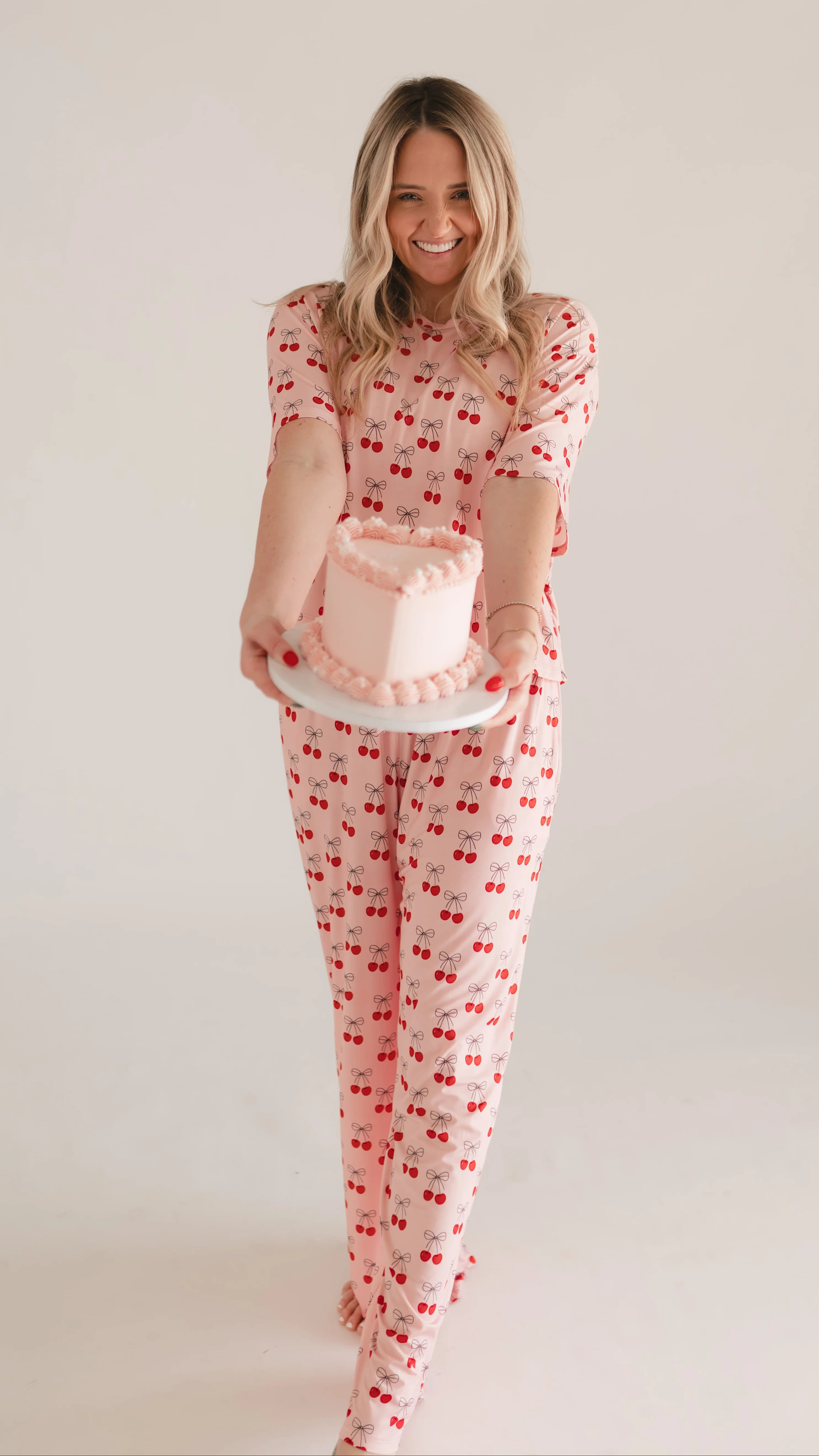 Women's T-Shirt and Pants Set in Pink Cherry Bows | Silks Design