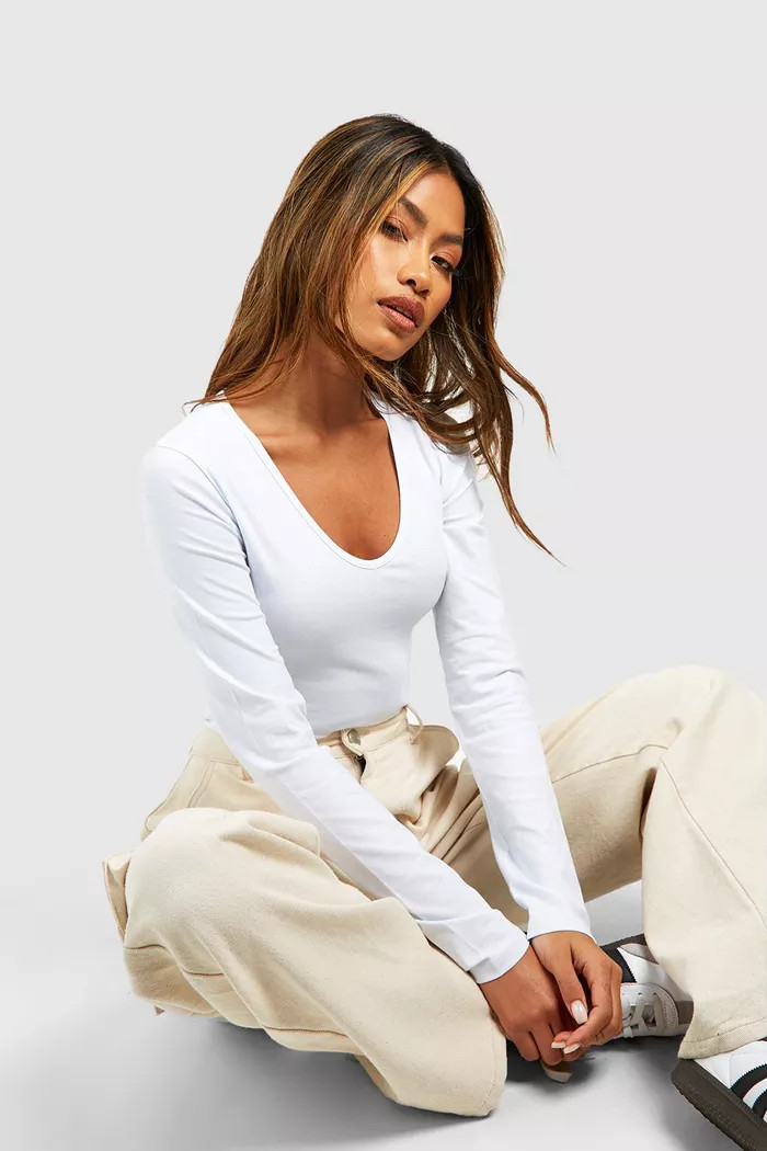 Long Sleeve V Neck Cotton Blend Bodysuit | boohoo (US & Canada)