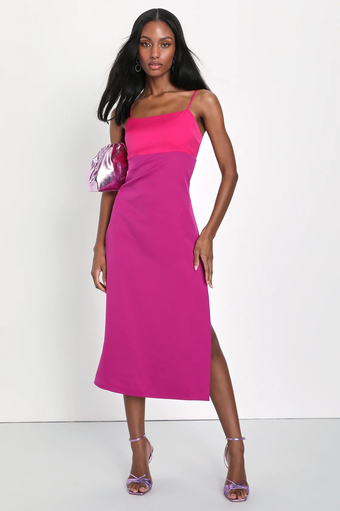 Feeling Sensational Hot Pink and Magenta Color Block Midi Dress | Lulus (US)