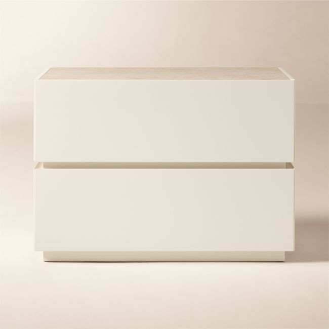 Dover 2-Drawer Warm White Lacquered Nightstand with Travertine Top | CB2