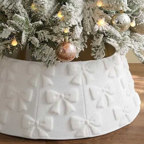 Soulchen Faux Fur Christmas Tree Collar 25.5" White Bow Folable Christmas Tree Ring Rustic Luxury Faux Fur Plush for Xmas Base Stand Cover Xmas Holiday Decorations Indoor Home Decor | Amazon (US)