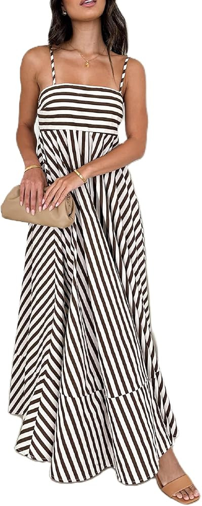 Women Striped Maxi Dress Smocked Backless Spaghetti Strap Long Flowy Dress Sleeveless Boho Aline ... | Amazon (US)