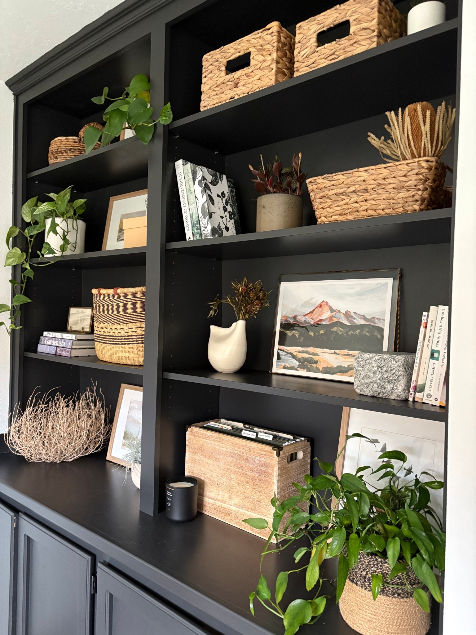 Finished painting the cabinet cabinets and now time to style these black shelves! Couldn’t be more excited, went with neutral organic modern aesthetic. Combining functionality and some of my favorite pieces.

#LTKHome